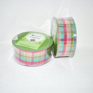 Member's Mark Set of 2- 2.5" Wired Ribbon Pink Plaid 50 Yards NWT